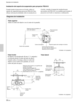 Page 11230 (ES)
Instalaci—n del soporte de suspensi—n para proyector PSS-610
Cuando instale el proyector en el techo, utilice el
soporte de suspensi—n para proyector PSS-610. Para
obtener informaci—n detallada sobre la instalaci—n enel techo, consulte el manual de instalaci—n para
proveedores del PSS-610. Las medidas para instalar el
proyector en el techo se muestran a continuaci—n.
Diagrama de instalaci—n
Vista superior
Alinee el centro del objetivo con el centro de la pantalla.
Parte frontal del
proyector...