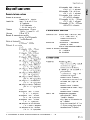 Page 11937 (ES)
Especificaciones
.........................................................................................................................................................................................................
1) ANSI lumen es un mŽtodo de medida de American National Standard IT 7.228.
Especificaciones
Caracter’sticas —pticas
Sistema de proyecci—n
3 paneles LCD, 1 objetivo
Panel LCD Panel LCD de p-Si TFT de
1,35 pulgadas
3.147.264 p’xeles
(1.049.088 p’xeles ´ 3)
Objetivo Zoom de aprox....