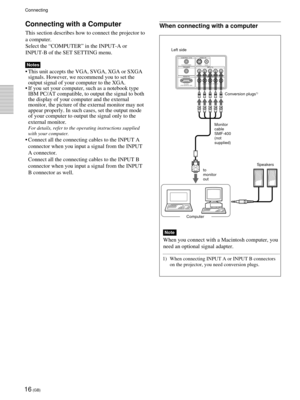 Page 1616 (GB)
CONTROL S IN VIDEO IN
TRIGGER
REMOTEINPUT A
INPUT  B
PLUG IN POWER
RS-232C
(FOR SERVICE USE)S VIDEO
G/Y B/C
B/PBR/CR/PRSYNC/HD VD VIDEO
G/Y B/CB/PBR/CR/PRSYNC/HD VD
Connecting
Connecting with a Computer
This section describes how to connect the projector to
a computer.
Select the ÒCOMPUTERÓ in the INPUT-A or
INPUT-B of the SET SETTING menu.
Notes
¥ This unit accepts the VGA, SVGA, XGA or SXGA
signals. However, we recommend you to set the
output signal of your computer to the XGA.
¥ If you set...