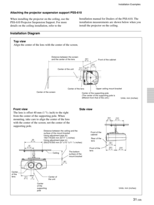 Page 3131 (GB)
Attaching the projector suspension support PSS-610
When installing the projector on the ceiling, use the
PSS-610 Projector Suspension Support. For more
details on the ceiling installation, refer to theInstallation manual for Dealers of the PSS-610. The
installation measurements are shown below when you
install the projector on the ceiling.
Installation Diagram
Top view
Align the center of the lens with the center of the screen.
Front of the cabinet Distance between the screen
and the center of...