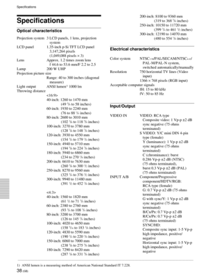 Page 3838 (GB)
Specifications
Specifications
Optical characteristics
Projection system 3 LCD panels, 1 lens, projection
system
LCD panel 1.35-inch p-Si TFT LCD panel
3,147,264 pixels
(1,049,088 pixels ´ 3)
Lens Approx. 1.2 times zoom lens
f 44.6 to 53.6 mm/F 2.2 to 2.5
Lamp 200 W UHP
Projection picture size
Range: 40 to 300 inches (diagonal
measure)
Light output ANSI lumen
1) 1000 lm
Throwing distance

40-inch: 1260 to 1470 mm
(49 
5/8 to 58 inches)
60-inch: 1930 to 2240 mm
(76 to 88 
1/4 inches)
80-inch: 2600...