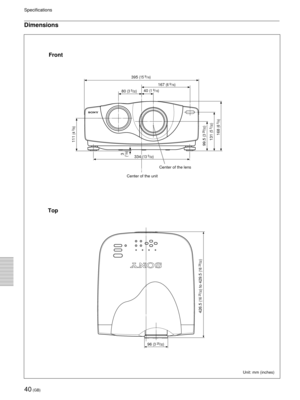 Page 4040 (GB)
Specifications
Dimensions
Unit: mm (inches)
Front
Top
Center of the lens
Center of the unit
395 (15 9/16)
334 (13 5/32)
167 (6 9/16)
80 (3 5/32)40 (1 9/16)
111 
(4 3/8)
99.5 
(3 29/32)
131 
(5 5/32)
168 
(6 5/8)
3(1/8)
96 (3 25/32)
426.5 
(16 
25/32) to 429.5 
(16 
29/32) 