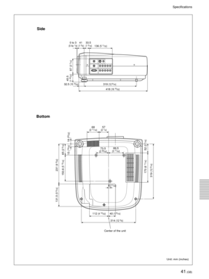 Page 4141 (GB)
Specifications
Unit: mm (inches)
BottomSide
Center of the unit
0 to 3(0 to 1/8)41
 (1 5/8)33.5
 (1 5/16)136 (5 11/32)
32.5 (15 19/32)319 (12 9/16)
418 (16 15/32)
87 
(3 7/16)
45.5
 (1 25/32)
68(2 11/16)57(2 1/4)
73.5(2 29/32)89.5(3 17/32)
112 (4 13/32)
314 (12 3/8)
40 (1 9/16)
8 (11/32)
231 
(9 3/32)
131.5 
(5 3/16)
150.6 
(5 15/16)
65 
(2 9/16)
170 
(6 11/16)
319 
(12 
9/16)
52 
(2 1/16)
15 
(19/32)
18 
(23/32) 