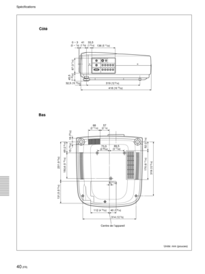 Page 8240 (FR)
SpŽcifications
UnitŽ: mm (pouces)
BasC™tŽ
Centre de lÕappareil
0 ~ 3(0 ~ 1/8)41
 (1 5/8)33,5
 (1 5/16)136 (5 11/32)
32,5 (15 19/32)319 (12 9/16)
418 (16 15/32)
87 
(3 7/16)
45,5
 (1 25/32)
68(2 11/16)57(2 1/4)
73,5(2 29/32)89,5(3 17/32)
112 (4 13/32)
314 (12 3/8)
40 (1 9/16)
8 (11/32)
231 
(9 3/32)
131,5 
(5 3/16)
150,6 
(5 15/16)
65 
(2 9/16)
170 
(6 11/16)
319 
(12 
9/16)
52 
(2 1/16)
15 
(19/32)
18 
(23/32) 