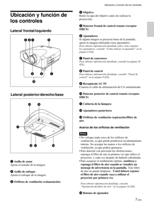 Page 897 (ES)
Ubicaci—n y funci—n de
los controles
Lateral frontal/izquierdo
4 Objetivo
Retire la tapa del objetivo antes de realizar la
proyecci—n.
5Detector frontal de control remoto (receptor
SIRCS)
6 Ajustadores
Si alguna imagen se proyecta fuera de la pantalla,
ajuste la imagen utilizando estos ajustadores.
Para obtener informaci—n detallada sobre c—mo emplear
los ajustadores, consulte ÒC—mo utilizar el ajustadorÓ en la
p‡gina 8 (ES).
7 Panel de conectores
Para obtener informaci—n detallada, consulte la...