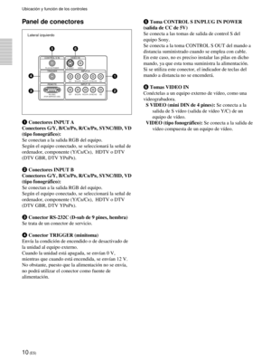 Page 9210 (ES)
Panel de conectores
1 Conectores INPUT A
Conectores G/Y, B/C
B/PB, R/CR/PR, SYNC/HD, VD
(tipo fonogr‡fico):
Se conectan a la salida RGB del equipo.
Segœn el equipo conectado, se seleccionar‡ la se–al de
ordenador, componente (Y/C
B/CR),  HDTV o DTV
(DTV GBR, DTV YP
BPR).
2 Conectores INPUT B
Conectores G/Y, B/C
B/PB, R/CR/PR, SYNC/HD, VD
(tipo fonogr‡fico):
Se conectan a la salida RGB del equipo.
Segœn el equipo conectado, se seleccionar‡ la se–al de
ordenador, componente (Y/C
B/CR),  HDTV o DTV...