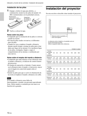 Page 9412 (ES)
Instalaci—n de las pilas
1Empuje y deslice la tapa para abrirla y, a
continuaci—n, instale las dos pilas de tama–o AA
(R6) (suministradas) con la polaridad correcta.
2Vuelva a colocar la tapa.
Notas sobre las pilas
¥ Compruebe que la orientaci—n de las pilas es correcta
cuando las inserte.
¥ No mezcle pilas usadas con nuevas, ni diferentes
tipos de pilas.
¥ Cuando no vaya a emplear el mando a distancia
durante mucho tiempo, extraiga las pilas para evitar
da–os por fugas de las mismas. Si se...