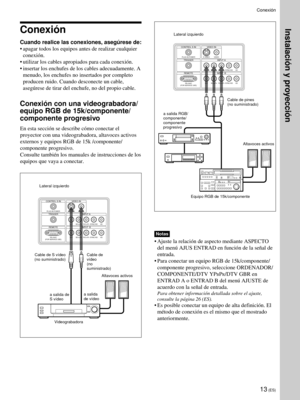 Page 9513 (ES)
Conexi—n
Cuando realice las conexiones, asegœrese de:
¥ apagar todos los equipos antes de realizar cualquier
conexi—n.
¥ utilizar los cables apropiados para cada conexi—n.
¥ insertar los enchufes de los cables adecuadamente. A
menudo, los enchufes no insertados por completo
producen ruido. Cuando desconecte un cable,
asegœrese de tirar del enchufe, no del propio cable.
Conexi—n con una videograbadora/
equipo RGB de 15k/componente/
componente progresivo
En esta secci—n se describe c—mo conectar...