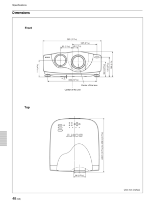 Page 4848 (GB)
Specifications
Dimensions
Unit: mm (inches)
Front
Top
Center of the lens
Center of the unit
395 (15 9/16)
334 (13 5/32)
167 (6 9/16)
80 (3 5/32)40 (1 9/16)
111 
(4 3/8)
99.5 
(3 29/32)
131 
(5 5/32)
168 
(6 5/8)
3(1/8)
96 (3 25/32)
426.5 
(16 
25/32) to 429.5 
(16 
29/32) 