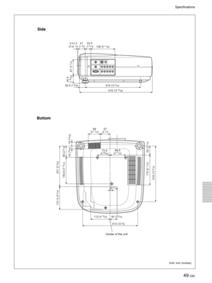 Page 4949 (GB)
Specifications
Unit: mm (inches)
BottomSide
Center of the unit
0 to 3(0 to 1/8)41
 (1 5/8)33.5
 (1 5/16)136 (5 11/32)
32.5 (1 9/32)319 (12 9/16)
418 (16 15/32)
87 
(3 7/16)
45.5
 (1 25/32)
68(2 11/16)57(2 1/4)
73.5(2 29/32)89.5(3 17/32)
112 (4 13/32)
314 (12 3/8)
40 (1 9/16)
8 (11/32)
231 
(9 3/32)
131.5 
(5 3/16)
150.6 
(5 15/16)
65 
(2 9/16)
170 
(6 11/16)
319 
(12 
9/16)
52 
(2 1/16)
15 
(19/32)
18 
(23/32) 