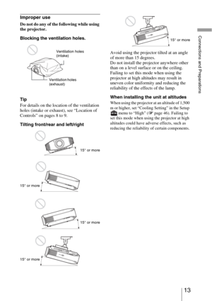 Page 1313 
Connections and Preparations
Improper use
Do not do any of the following while using 
the projector.
Blocking the ventilation holes.
Tip
For details on the location of the ventilation 
holes (intake or exhaust), see “Location of 
Controls” on pages 8 to 9.
Tilting front/rear and left/rightAvoid using the projector tilted at an angle 
of more than 15 degrees.
Do not install the projector anywhere other 
than on a level surface or on the ceiling. 
Failing to set this mode when using the 
projector at...