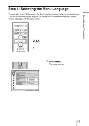 Page 2525 
Connections and Preparations
Step 4: Selecting the Menu Language
You can select one of 16 languages for displaying the menu and other on-screen displays. 
The factory default setting is English. To change the current menu language, set the 
desired language with the menu screen.
1Press MENU.
The menu appears.
1 2,3,4 