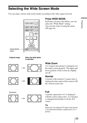 Page 2929 
Projecting
Selecting the Wide Screen Mode
You can enjoy various wide screen modes according to the video signal received. 
Press WIDE MODE.
Each time you press the button, you can 
select the “Wide Mode” setting.
You can also select it using the menu. 
(1 page 44)
Wide Zoom
A 4:3 aspect ratio picture is enlarged over 
the entire screen properly. The upper and 
lower portions of the screen are slightly 
cut off.
Normal
A picture with normal 4:3 aspect ratio is 
displayed in the center of the screen to...