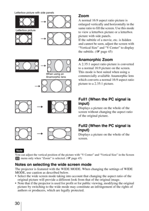 Page 30 30
You can adjust the vertical position of the picture with “V Center” and “Vertical Size” in the Screen 
 menu only when “Zoom” is selected. (1 page 45)
Notes on selecting the wide screen mode
The projector is featured with the WIDE MODE. When changing the settings of WIDE 
MODE, use caution as described below.
 Select the wide screen mode taking into account that changing the aspect ratio of the 
original picture will provide a different look from that of the original image.
 Note that if the...