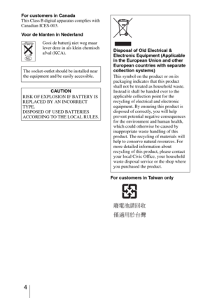 Page 4 4
For customers in Canada
This Class B digital apparatus complies with 
Canadian ICES-003.
Voor de klanten in Nederland
For customers in Taiwan only Gooi de batterij niet weg maar 
lever deze in als klein chemisch 
afval (KCA).
The socket-outlet should be installed near 
the equipment and be easily accessible.
CAUTION
RISK OF EXPLOSION IF BATTERY IS 
REPLACED BY AN INCORRECT 
TYPE.
DISPOSED OF USED BATTERIES 
ACCORDING TO THE LOCAL RULES.
Disposal of Old Electrical & 
Electronic Equipment (Applicable...