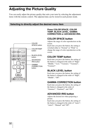 Page 32 32
Adjusting the Picture Quality
You can easily adjust the picture quality that suits your taste by selecting the adjustment 
items with the remote control. The adjusted data can be stored in each picture mode.
Selecting to directly adjust the desired menu item
Press COLOR SPACE, COLOR 
TEMP, BLACK LEVEL, GAMMA 
CORRECTION or ADVANCED IRIS.
COLOR SPACE button
Adjusts the range of color reproduction on the 
screen.
Each time you press the button, the setting is 
switched either to “Normal” or “Wide” to...