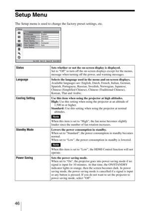 Page 46 46
Setup Menu
The Setup menu is used to change the factory preset settings, etc.
StatusSets whether or not the on-screen display is displayed.
Set to “Off” to turn off the on-screen displays except for the menus, 
message when turning off the power, and warning messages.
LanguageSelects the language used in the menu and on-screen displays. 
Available languages are: English, Dutch, French, Italian, German, 
Spanish, Portuguese, Russian, Swedish, Norwegian, Japanese, 
Chinese (Simplified Chinese), Chinese...