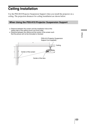 Page 6969 
Others
Ceiling Installation
Use the PSS-H10 Projector Suspension Support when you install the projector on a 
ceiling. The projection distances for ceiling installation are shown below.
When Using the PSS-H10 Projector Suspension Support
a
x
a: Distance between the screen and the installation hole at the 
ceiling side of the ceiling mount unit (front side)
x: Distance between the ceiling and the center of the screen such 
that the picture will not be truncated or blocked
PSS-H10 Projector Suspension...