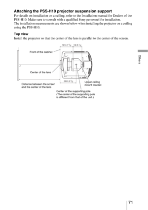 Page 7171 
Others
Attaching the PSS-H10 projector suspension support
For details on installation on a ceiling, refer to the Installation manual for Dealers of the 
PSS-H10. Make sure to consult with a qualified Sony personnel for installation.
The installation measurements are shown below when installing the projector on a ceiling 
using the PSS-H10.
Top view
Install the projector so that the center of the lens is parallel to the center of the screen.
130 (5 1/8) 191.3 (7 5/8)
236.3 (9 
3/8)
Front of the...