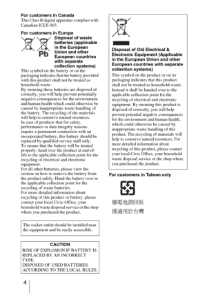 Page 4 4
For customers in Canada
This Class B digital apparatus complies with 
Canadian ICES-003.
For customers in Europe
Disposal of waste 
batteries (applicable 
in the European 
Union and other 
European countries 
with separate 
collection systems)
This symbol on the battery or on the 
packaging indicates that the battery provided 
with this product shall not be treated as 
household waste.
By ensuring these batteries are disposed of 
correctly, you will help prevent potentially 
negative consequences for...