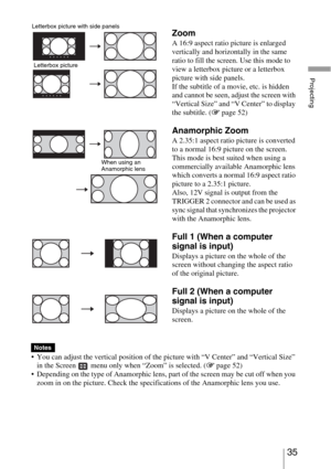 Page 3535 
Projecting
 You can adjust the vertical position of the picture with “V Center” and “Vertical Size” 
in the Screen   menu only when “Zoom” is selected. (1 page 52)
 Depending on the type of Anamorphic lens, part of the screen may be cut off when you 
zoom in on the picture. Check the specifications of the Anamorphic lens you use.
Zoom
A 16:9 aspect ratio picture is enlarged 
vertically and horizontally in the same 
ratio to fill the screen. Use this mode to 
view a letterbox picture or a letterbox...