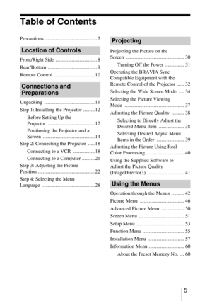 Page 55 
Table of Contents
Precautions ......................................... 7
Front/Right Side  ................................. 8
Rear/Bottom ....................................... 9
Remote Control  ................................ 10
Unpacking ........................................ 11
Step 1: Installing the Projector  ......... 12
Before Setting Up the 
Projector ..................................... 12
Positioning the Projector and a 
Screen ......................................... 14
Step 2:...