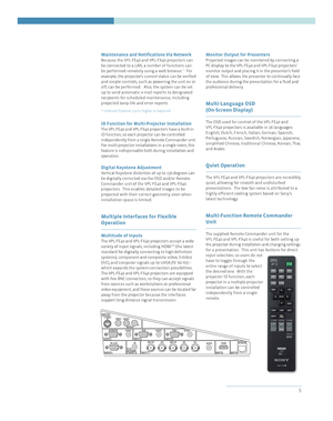 Page 55
Maintenance and Notifications Via Network
Because the VPL-FE40 and VPL-FX40 projectors can
be connected to a LAN, a number of functions can
be performed remotely using a web browser.
*9For
example, the projector‘s current status can be verified
and simple controls, such as powering the unit on or
off, can be performed.   Also, the system can be set
up to send automatic e-mail reports to designated
recipients for scheduled maintenance, including
projected lamp life and error reports.
*9Internet Explorer...