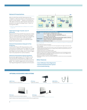 Page 66
OPTIONAL ACCESSORIES AND SYSTEMS
LMP-F270Projector Lamp (for replacement)PSS-610Suspension Support
PCS-G70Large-venue Visual Communication Systems
RM-PJPK1Presentation Tool
PCS-G50Visual Communication Systems
Network Presentations
When the VPL-FE40 and VPL-FX40 projectors are
installed on a LAN, presentations can be projected from
any PC on that network
*10– whether connected via a
LAN cable or wirelessly.  Switching from presenter to
presenter is as easy as clicking a mouse – there‘s no
fussing with...