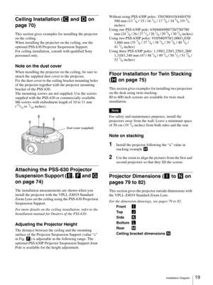 Page 19Installation Diagram19 
Ceiling Installation (C and D on 
page 70)
This section gives examples for installing the projector 
on the ceiling. 
When installing the projector on the ceiling, use the 
optional PSS-630 Projector Suspension Support.
For ceiling installation, consult with qualified Sony 
personnel only.
Note on the dust cover
When installing the projector on the ceiling, be sure to 
attach the supplied dust cover to the projector.
Fix the dust cover to the ceiling bracket mounting holes 
of the...