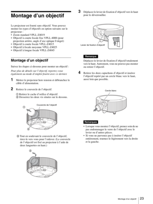 Page 23Montage d’un objectif23 
Montage d’un objectif
Le projecteur est fourni sans objectif. Vous pouvez 
monter les types d’objectifs en option suivants sur le 
projecteur :
 Zoom standard VPLL-Z4019
 Objectif à courte focale fixe VPLL-4008 (pour 
projection arrière, angle d’axe optique 0 degré)
 Objectif à courte focale VPLL-Z4015
 Objectif à focale moyenne VPLL-Z4025
 Objectif à longue focale VPLL-Z4045
Montage d’un objectif
Suivez les étapes ci-dessous pour monter un objectif :
Pour plus de détails sur...