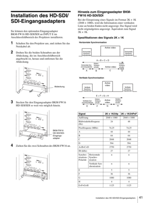 Page 41Installation des HD-SDI/SDI-Eingangsadapters41 
Installation des HD-SDI/
SDI-Eingangsadapters
Sie können den optionalen Eingangsadapter 
BKM-FW16 HD-SDI/SDI an INPUT E im 
Anschlussfeldbereich des Projektors installieren. 
1Schalten Sie den Projektor aus, und ziehen Sie das 
Netzkabel ab.
2Drehen Sie die beiden Schrauben aus der 
Abdeckung, die im Anschlussfeldbereich 
angebracht ist, heraus und entfernen Sie die 
Abdeckung.
3Stecken Sie den Eingangsadapter BKM-FW16 
HD-SDI/SDI so weit wie möglich...