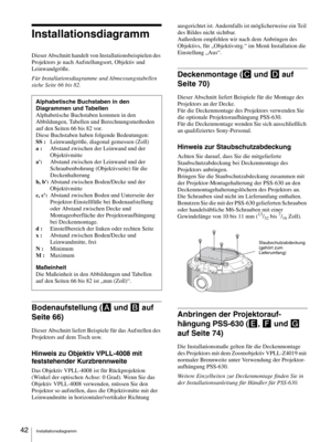 Page 42Installationsdiagramm 42
Installationsdiagramm
Dieser Abschnitt handelt von Installationsbeispielen des 
Projektors je nach Aufstellungsort, Objektiv und 
Leinwandgröße.
Für Installationsdiagramme und Abmessungstabellen 
siehe Seite 66 bis 82.
Bodenaufstellung (A und B auf 
Seite 66)
Dieser Abschnitt liefert Beispiele für das Aufstellen des 
Projektors auf dem Tisch usw.
Hinweis zu Objektiv VPLL-4008 mit 
feststehender Kurzbrennweite
Das Objektiv VPLL-4008 ist für Rückprojektion 
(Winkel der optischen...