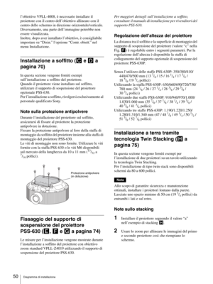 Page 50Diagramma di installazione 50
l’obiettivo VPLL-4008, è necessario installare il 
proiettore con il centro dell’obiettivo allineato con il 
centro dello schermo in direzione orizzontale/verticale. 
Diversamente, una parte dell’immagine potrebbe non 
essere visualizzata.
Inoltre, dopo aver installato l’obiettivo, è consigliabile 
impostare su “Disin.” l’opzione “Contr. obiett.” nel 
menu Installazione.
Installazione a soffitto (C e D a 
pagina 70)
In questa sezione vengono forniti esempi...