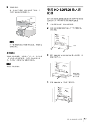 Page 63
安装 HD-SDI/SDI  输入适配器63 
6更换镜头盖。
两个突起对齐插槽，将镜头盖置于镜头之上，
然后拧紧底部的两个螺丝钉。
注意
向下推移镜头固定杆时要移至底部。否则将无
法锁定镜头。
更换镜头
更换镜头的步骤和 “安装镜头”的一样。执行步骤  
1  至  3 给镜头固定杆解锁，然后径直向前拔出镜
头。然后执行步骤  4 至 6  安装其它镜头。
注意
请用双手取出镜头。
安装  HD-SDI/SDI  输入适
配器
您可以在投影机连接器面板部分的  INPUT E 里安装
选购的  BKM-FW16 HD-SDI/SDI  输入适配器。 
1关闭投影机电源，拔掉电源电缆。
2从装在连接器面板的挡板上拧下两个螺丝钉，
拿掉挡板。
3插入 BKM-FW16 HD-SDI/SDI  输入适配器，直
到插到底为止。
4拧紧  BKM-FW16  上的两个螺丝钉。
突起
INPUT A
INPUT B
OUTPUTMONITOR
R/R-Y/P
RB/B-Y/PBHD VD
G/Y
RGB RGB
INPUT D
INPUT CINPUT E
HDMI挡板
INPUT A
INPUT B...