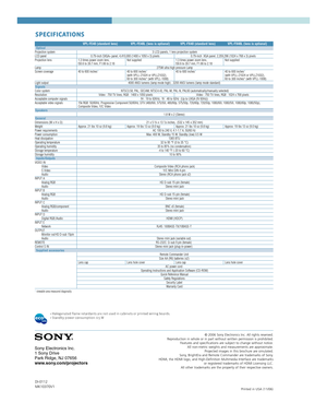 Page 8© 2006 Sony Electronics Inc. All rights reserved.
Reproduction in whole or in part without written permission is prohibited.
Features and specifications are subject to change without notice.
All non-metric weights and measurements are approximate.
Projected images in this brochure are simulated.
Sony, BrightEra and Remote Commander are trademarks of Sony.
HDMI, the HDMI logo, and High-Definition Multimedia Interface are trademarks
or registered trademarks of HDMI Licensing LLC.
All other trademarks are...