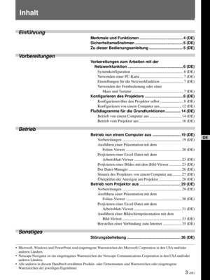 Page 1473 (DE)
DE
Inhalt
Einführung
Merkmale und Funktionen ........................................ 4 (DE)
Sicherheitsmaßnahmen ............................................ 5 (DE)
Zu dieser Bedienungsanleitung ............................... 5 (DE)
Vorbereitungen
Vorbereitungen zum Arbeiten mit der
Netzwerkfunktion ................................................... 6 (DE)
Systemkonfiguration ...................................................... 6 (DE)
Verwenden einer PC-Karte...