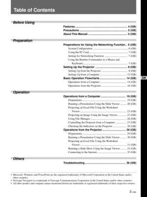 Page 393 (GB)
GB
Table of Contents
Before Using
Features ..................................................................... 4 (GB)
Precautions ............................................................... 5 (GB)
About This  Manual .................................................... 5  (GB)
Preparation
Preparations for Using the Networking Function .. 6 (GB)
System Configuration ................................................... 6 (GB)
Using the PC Card...