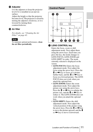 Page 1111 Location and Function of Controls
Overview
lAdjuster
Use the adjusters to keep the projector 
level if it is installed on an uneven 
surface. 
Adjust the height so that the projector 
becomes level. The projector is raised by 
turning the adjusters clockwise, or it is 
lowered by turning them 
counterclockwise.
mAir filter
For details, see “Cleaning the Air 
Filter” on page 43.
To maintain optimal performance, clean 
the air filter periodically.
aLENS CONTROL key
Enters the focus, zoom or shift...