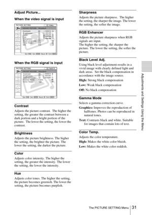 Page 3131 The PICTURE SETTING Menu
Adjustments and Settings Using the Menu
Adjust Picture...
When the video signal is input
When the RGB signal is input
Contrast
Adjusts the picture contrast.  The higher the 
setting, the greater the contrast between a 
dark portion and a bright portion of the 
picture.  The lower the setting, the lower the 
contrast.
Brightness
Adjusts the picture brightness. The higher 
the setting, the brighter the picture. The 
lower the setting, the darker the picture.
Color
Adjusts color...