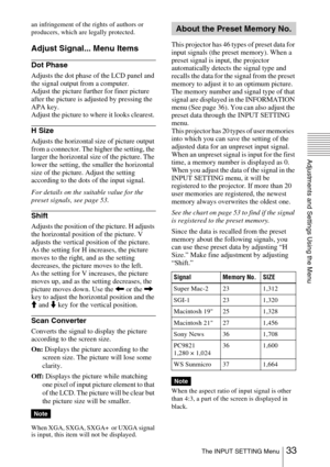 Page 3333 The INPUT SETTING Menu
Adjustments and Settings Using the Menu
an infringement of the rights of authors or 
producers, which are legally protected.
Adjust Signal... Menu Items
Dot Phase
Adjusts the dot phase of the LCD panel and 
the signal output from a computer. 
Adjust the picture further for finer picture 
after the picture is adjusted by pressing the 
APA key.
Adjust the picture to where it looks clearest. 
H Size
Adjusts the horizontal size of picture output 
from a connector. The higher the...