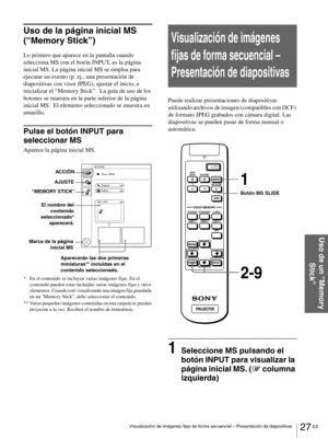 Page 12327 ES Visualización de imágenes fijas de forma secuencial – Presentación de diapositivas
Uso de un “Memory 
Stick”
Uso de la página inicial MS 
(“Memory Stick”)
Lo primero que aparece en la pantalla cuando 
selecciona MS con el botón INPUT, es la página 
inicial MS. La página inicial MS se emplea para 
ejecutar un evento (p. ej., una presentación de 
diapositivas con visor JPEG), ajustar el inicio, e 
inicializar el “Memory Stick”.  La guía de uso de los 
botones se muestra en la parte inferior de la...