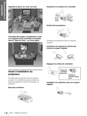 Page 52FR 6Etape 1 : Installation du projecteur
Raccordements et 
préparatifs
Regardez le sport, etc. avec vos amis
Visualisez des images, enregistrées à l’aide 
d’un appareil photo numérique et stockées 
dans le “Memory Stick”, sur écran géant.
Avant l’installation du 
projecteur
N’installez pas le projecteur dans les situations 
suivantes. Ces installations peuvent entraîner un 
dysfonctionnement ou causer des dommages au 
projecteur.
Mauvaise ventilationExposition à la chaleur et à l’humidité
Endroit très...