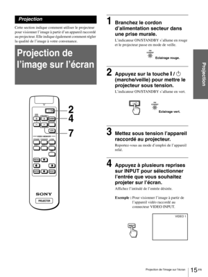 Page 6115 FR Projection de l’image sur l’écran
Projection
Projection
Cette section indique comment utiliser le projecteur 
pour visionner l’image à partir d’un appareil raccordé 
au projecteur. Elle indique également comment régler 
la qualité de l’image à votre convenance. 
Projection de 
l’image sur l’écran
 
1Branchez le cordon 
d’alimentation secteur dans 
une prise murale.
L’indicateur ON/STANDBY s’allume en rouge 
et le projecteur passe en mode de veille.
2Appuyez sur la touche [ / 1 
(marche/veille) pour...