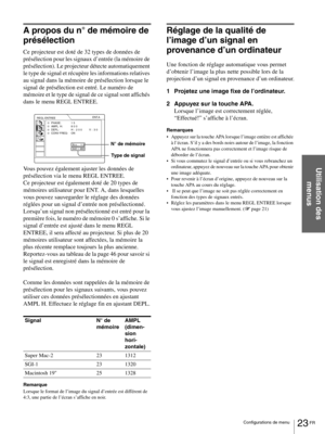 Page 6923 FR Configurations de menu
Utilisation des 
menus
A propos du n° de mémoire de 
présélection
Ce projecteur est doté de 32 types de données de 
présélection pour les signaux d’entrée (la mémoire de 
présélection). Le projecteur détecte automatiquement 
le type de signal et récupère les informations relatives 
au signal dans la mémoire de présélection lorsque le 
signal de présélection est entré. Le numéro de 
mémoire et le type de signal de ce signal sont affichés 
dans le menu REGL ENTREE. 
Vous pouvez...