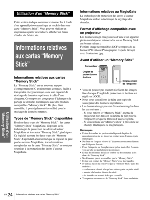 Page 70FR 24Informations relatives aux cartes “Memory Stick”
Utilisation d’un 
“Memory Stick”
Utilisation d’un “Memory Stick”
Cette section indique comment visionner les à l’aide 
d’un appareil photo numérique et stockés dans une 
carte “Memory Stick”. Vous pouvez réaliser un 
diaporama à partir des fichiers, afficher un écran 
d’index du fichier, etc.
Informations relatives 
aux cartes “Memory 
Stick”
Informations relatives aux cartes 
“Memory Stick”
Le “Memory Stick” est un nouveau support 
d’enregistrement...