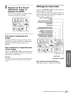 Page 7529 FR Affichage d’images indexées sur écran complet
Utilisation d’un 
“Memory Stick”
2Appuyez sur M ou m pour 
sélectionner “Index” et 
appuyez sur ENTER.
L’écran d’index apparaît et 9 images indexées 
du contenu sélectionné s’affichent.
Si le contenu compte plus de 9 
images
Vous pouvez afficher des images autres que celles 
actuellement à l’écran en appuyant sur v (9 images 
précédentes) ou V (9 images suivantes) et sur 
ENTER.
Pour commencer un diaporama avec 
l’écran d’index
Appuyez sur M, m, < ou ,...