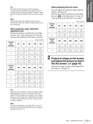 Page 11Step 1: Installing the Projector
Connections and 
Preparations
11 GB
Tip
The tables show the distances when projecting the 
conventional video and 1080i format signals. Distances 
used for projecting a 720p format signal, computer’s signal 
and data stored in the “Memory Stick” are shown on page 
57.
Note
When projecting with the optional Conversion Lens 
attached, the values a, b, e and f are slightly different from 
those in the table.
When projecting using “Side Shot” 
adjustment only
Position the...