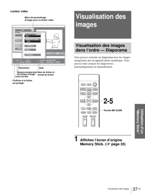 Page 10337 FR Visualisation des images
Utilisation d’un 
“Memory Stick”
Lecteur vidéo
Visualisation des 
images
Visualisation des images 
dans l’ordre — Diaporama
Vous pouvez exécuter un diaporama avec les images 
enregistrées par un appareil photo numérique. Vous 
pouvez faire avancer les diapositives 
automatiquement ou manuellement.
1Affichez l’écran d’origine 
Memory Stick. (1 page 35)
Ampl : 320x240           n       : 1/1234
Date     : 2002/MAI/31 1:08PM Fichier : SJP0001.MPG
Préc.
Écran complet
Menu...