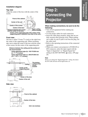 Page 13Step 2: Connecting the Projector
Connections and 
Preparations
13 GB
Installation diagram
Top view
Align the center of the lens with the center of the 
screen.
Front view
The lens is offset 7.9 mm (
5/16 inch) to the right from 
the center of the supporting pole. When mounting, 
take care to align the center of the lens with the center 
of the screen; not the center of the supporting pole.
Side view
Step 2: 
Connecting the 
Projector
When making connections, be sure to do the 
following:
 Turn off all...