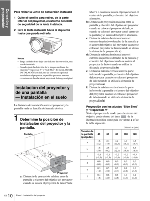 Page 146Conexión y 
preparación
ES 10Paso 1: Instalación del proyector
Para retirar la Lente de conversión instalada
1 Quite el tornillo para retirar, de la parte 
inferior del proyector, el extremo del cable 
de seguridad de la lente instalada.
2 Gire la lente instalada hacia la izquierda 
hasta que pueda retirarla.
Notas
 Tenga cuidado de no dejar caer la Lente de conversión, una 
vez desinstalada.
 Cuando ajuste la distorsión de la imagen mediante las 
opciones “Trapezoide V” o “Side Shot” del menú AJUSTE...